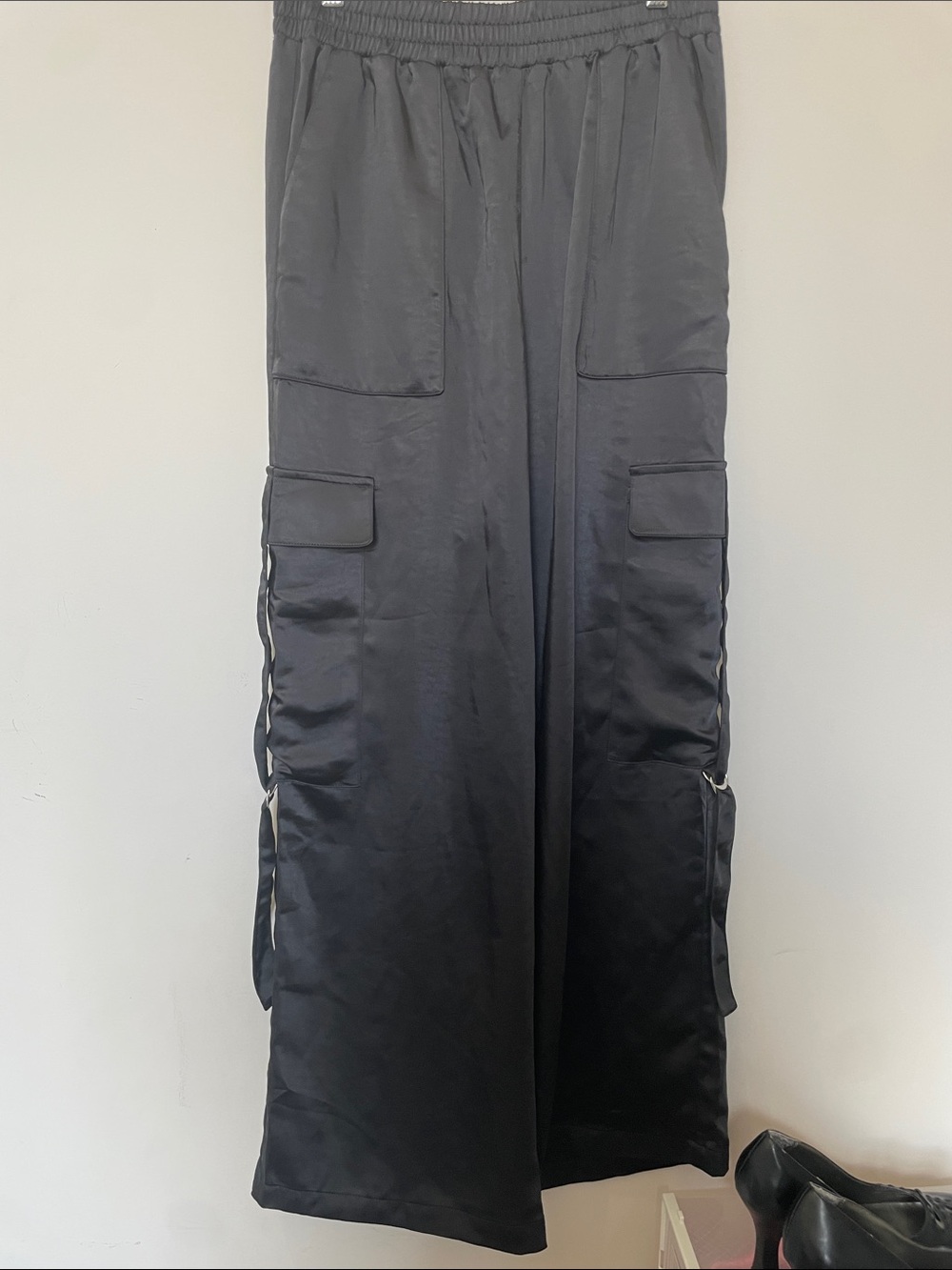 Forever 21 Black Satint Wide-Leg Cargo Pants